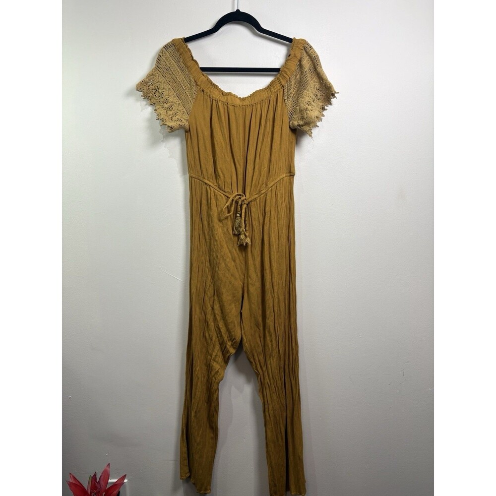 Hint of Blush Mustard Off Shoulder Jumpsuit Lace Sleeves Size L Boho